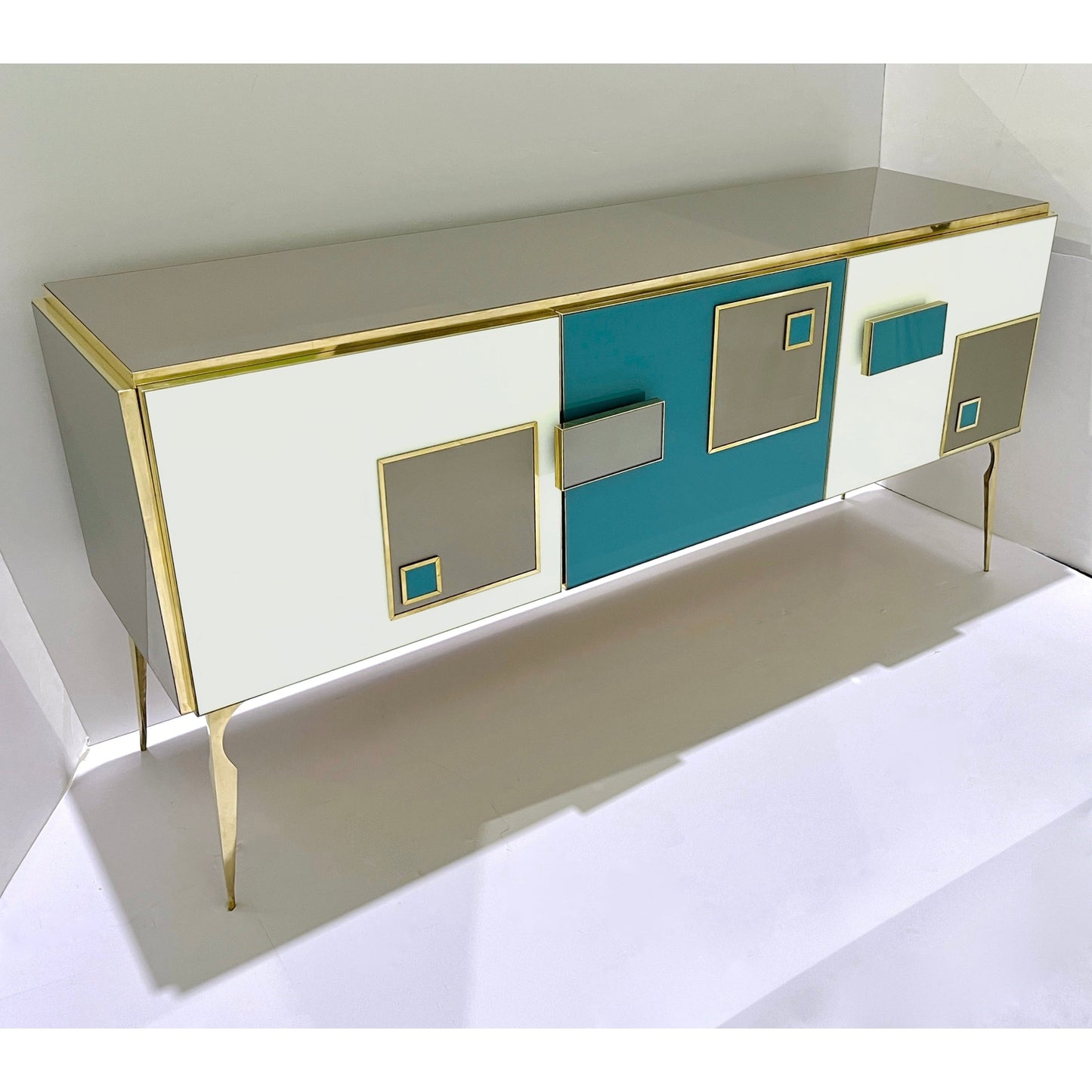 Modern Italian Ivory Gray Teal Blue Geometric Postmodern Brass Cabinet Sideboard