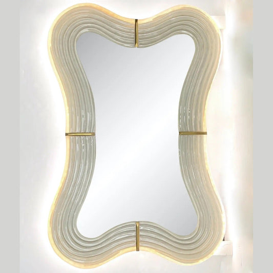 Contemporary Italian Pearl White Cream Murano Glass Brass Backlit Curved Mirror