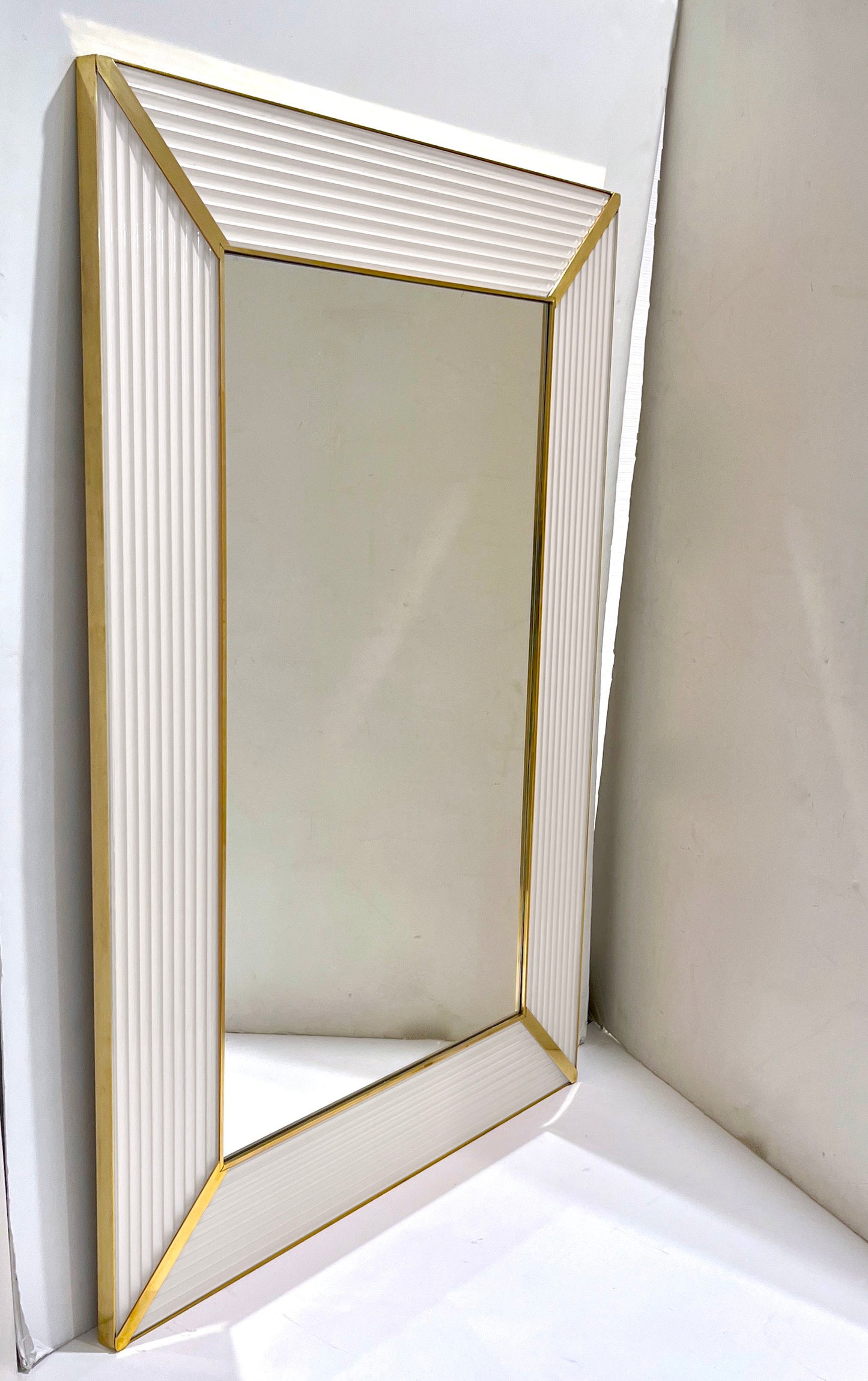 Bespoke Italian Art Deco Design Iridescent White Murano Glass Brass Mirror