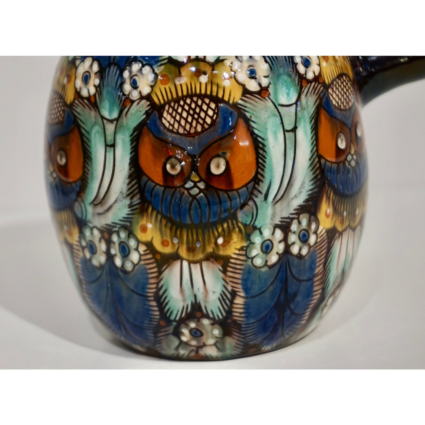 Antique Swiss Arts & Crafts Brown Green Blue White Thoune Enamel Ceramic Jug
