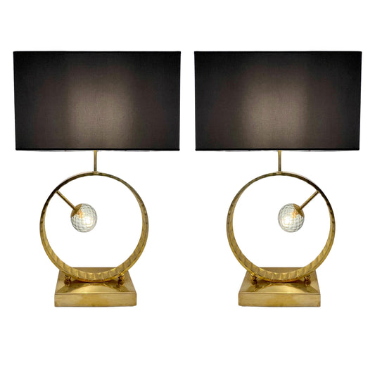 Contemporary Italian Monumental Pair of Brass & Smoked Murano Glass Table Lamps