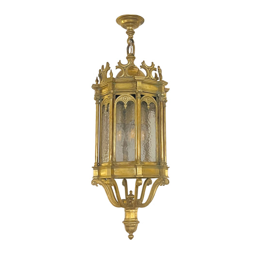 1860 French Antique Gothic Revival Cast Brass Pendant Lantern With Arch Windows