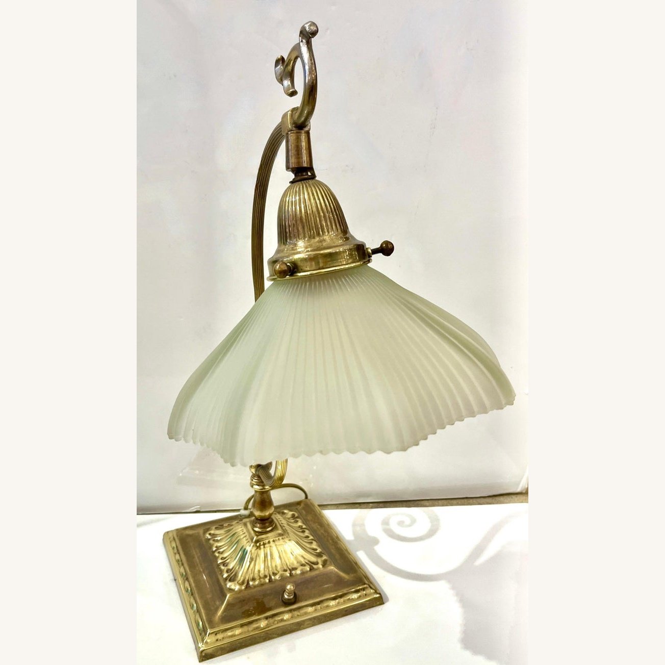 1950s American Art Deco Style Brass Table/Desk Lamp with Satin White Glass Shade