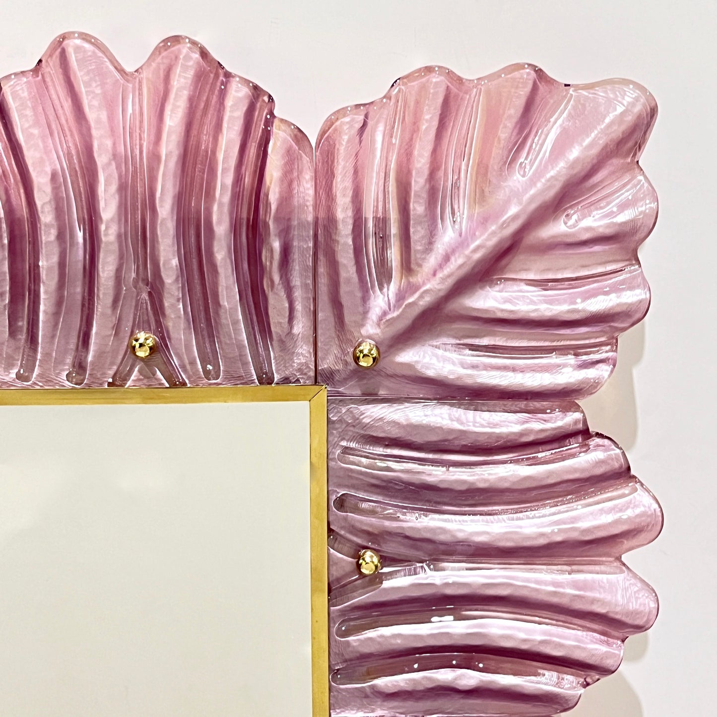 Italian Modern Leaf Design Pearl Pink Crystal Murano Glass Large Brass Mirror