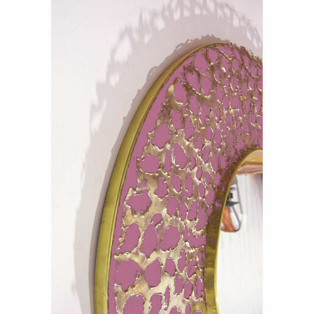 Italian Brutalist Perforated Rose Pink Lacquer & Gold Brass Modern Round Mirror