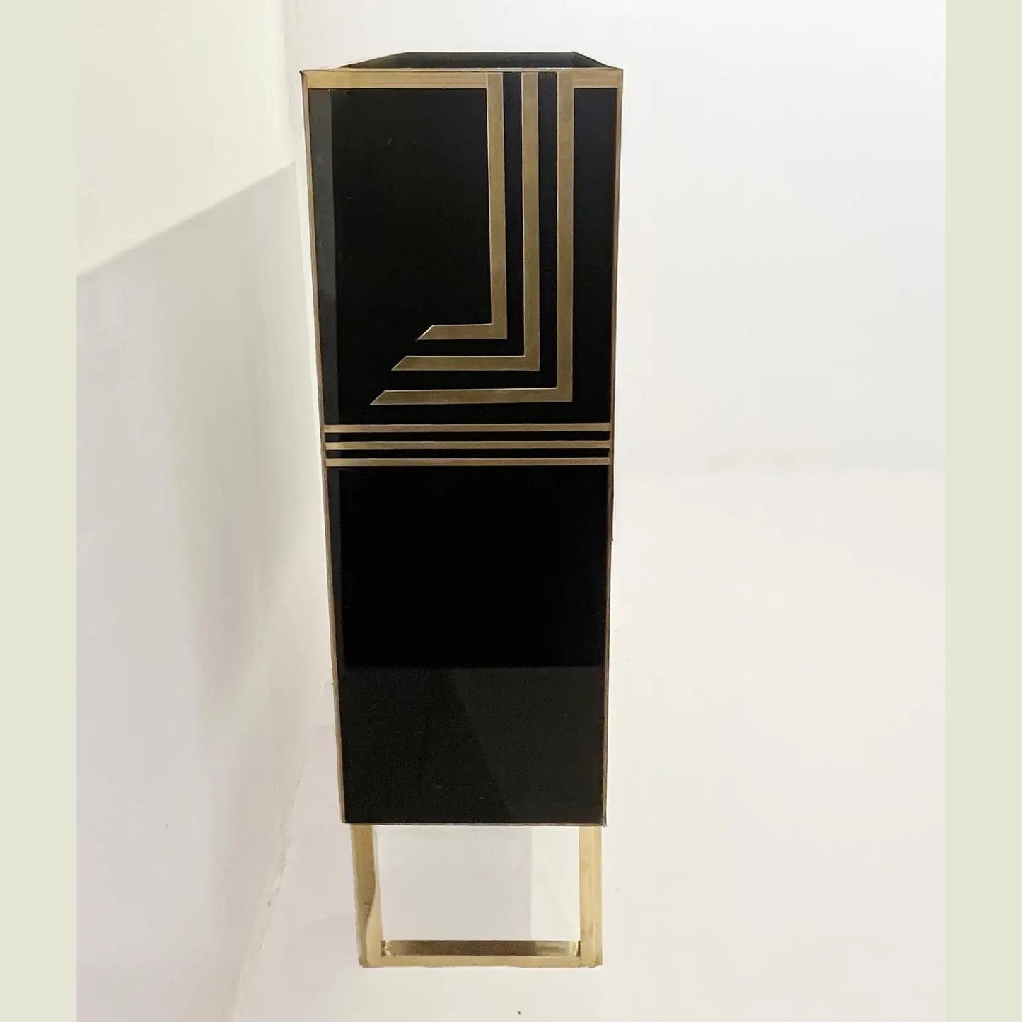 1970s Italian Vintage Art Deco Geometric Gold Brass & Black Glass Tall Cabinet