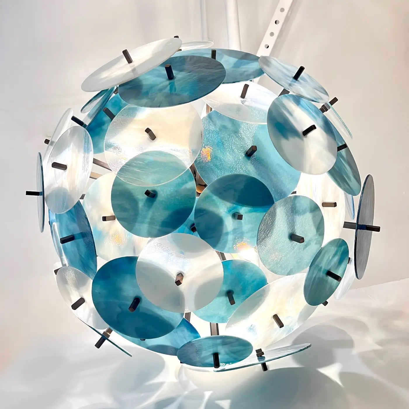 Italian White Teal Turquoise Blue Murano Glass Sputnik Half Dome Chandelier