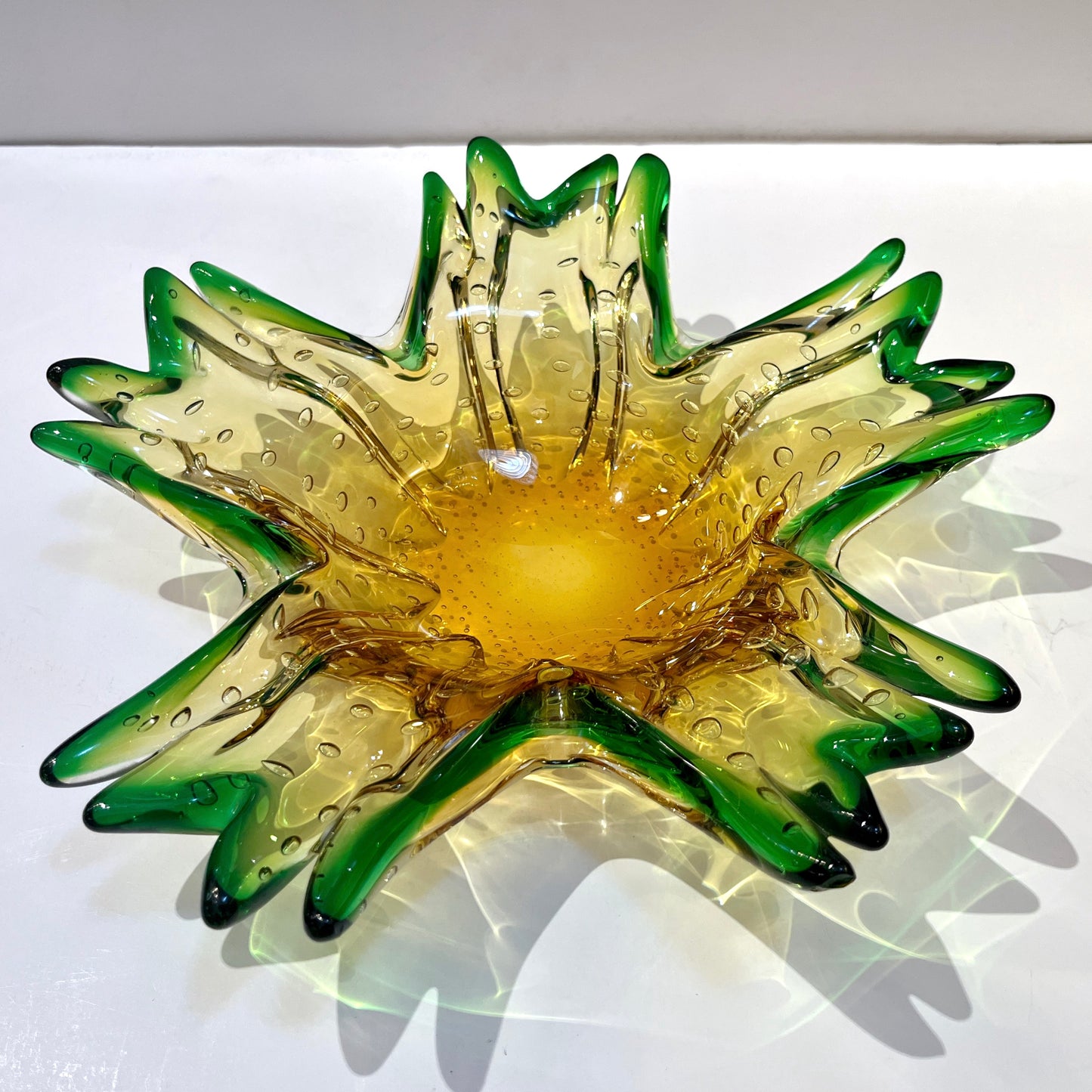 1970s Vintage Italian Green & Amber Murano Glass Star Shaped Bowl /Vide-Poche