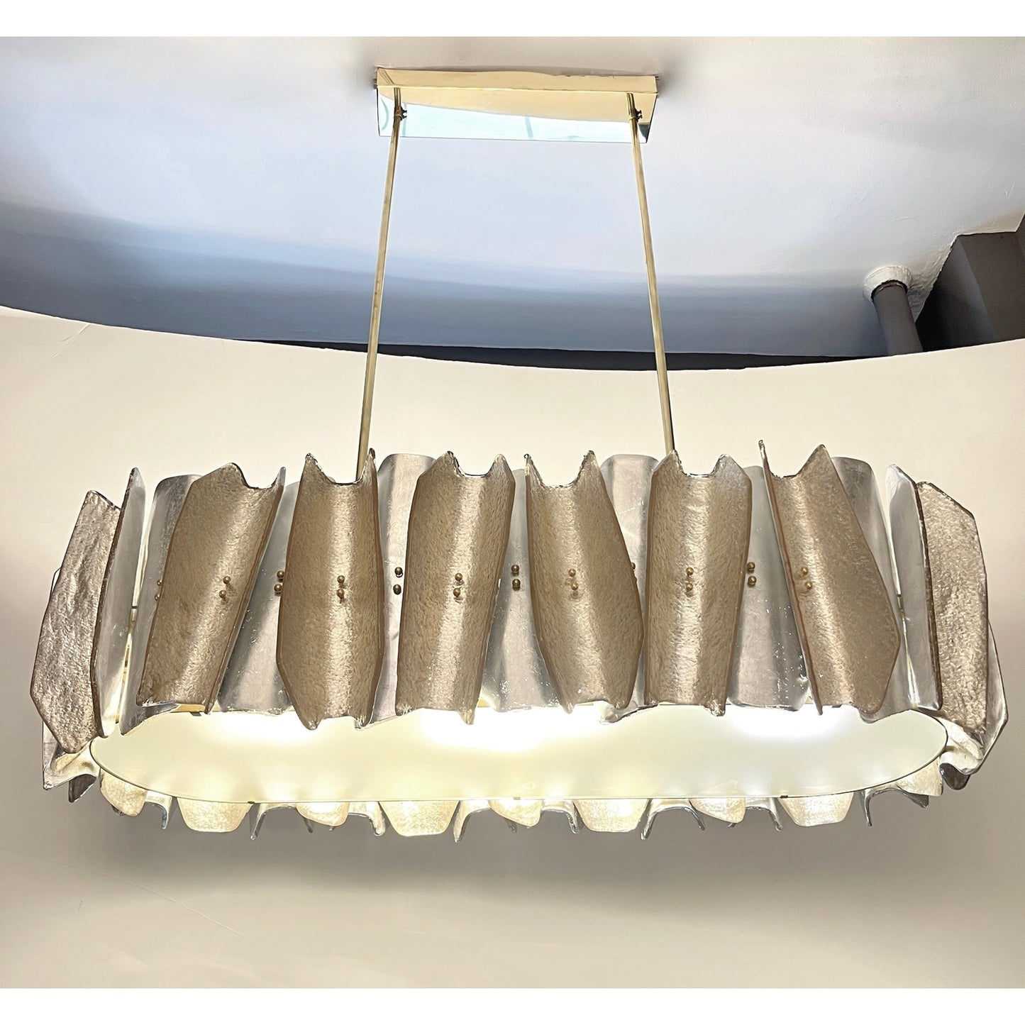 Italian Post Modern Amber Gold Silver Murano Glass Graphic Brass Oval Chandelier