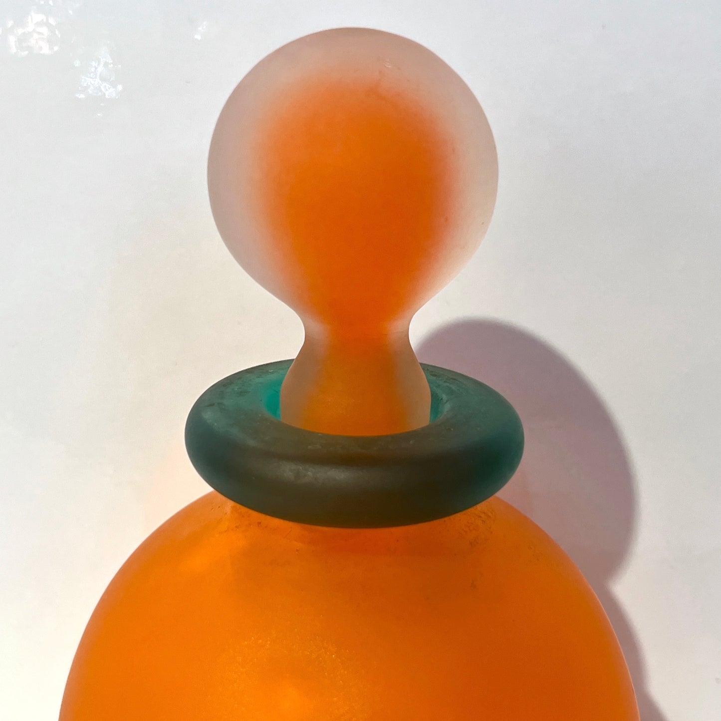 1980s Italian Art Crystal Orange Green Frosted Murano Glass Bottle with Stopper
