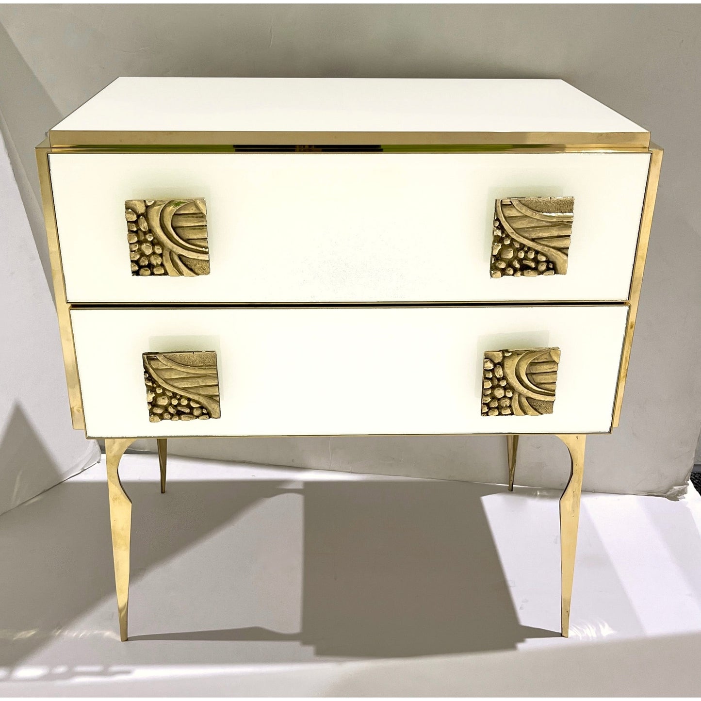 Italian Art Deco Design Modern Cream White Glass 2-Drawer Brass Nightstand/Chest