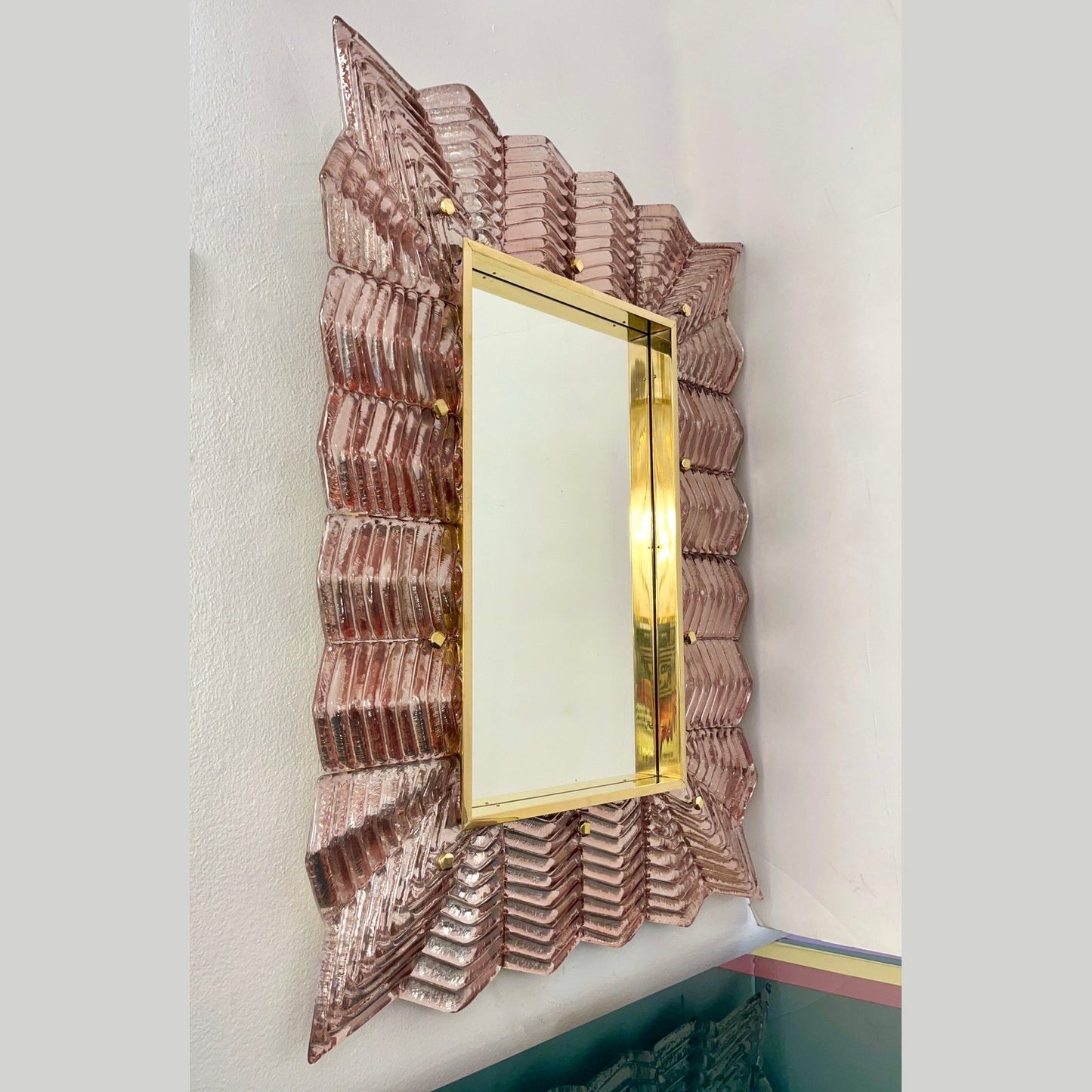 Bespoke Italian Art Deco Design Small Ruffled Pink Murano Glass Brass Mirror