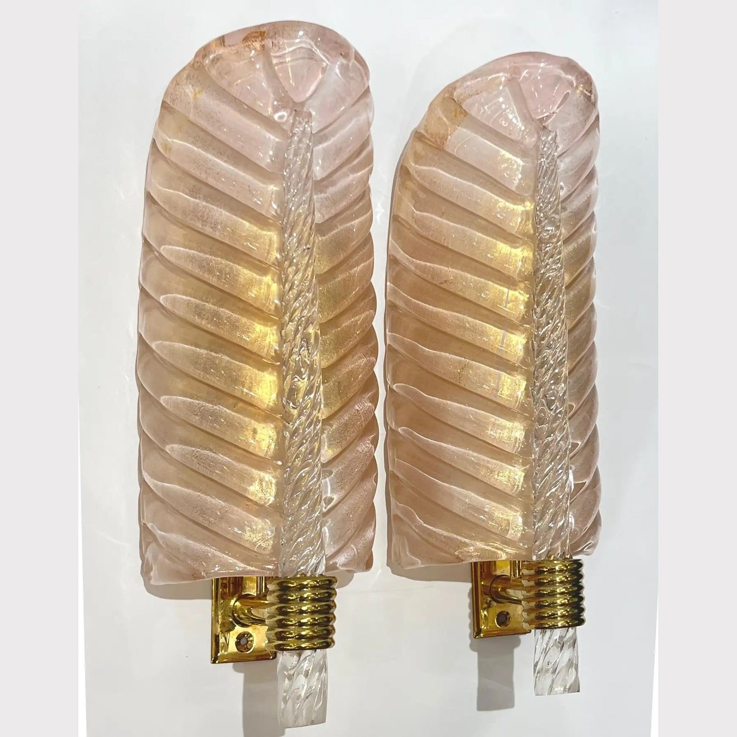 Contemporary Italian Art Deco Pair of Pink Gold Leaf Murano Glass Brass Sconces