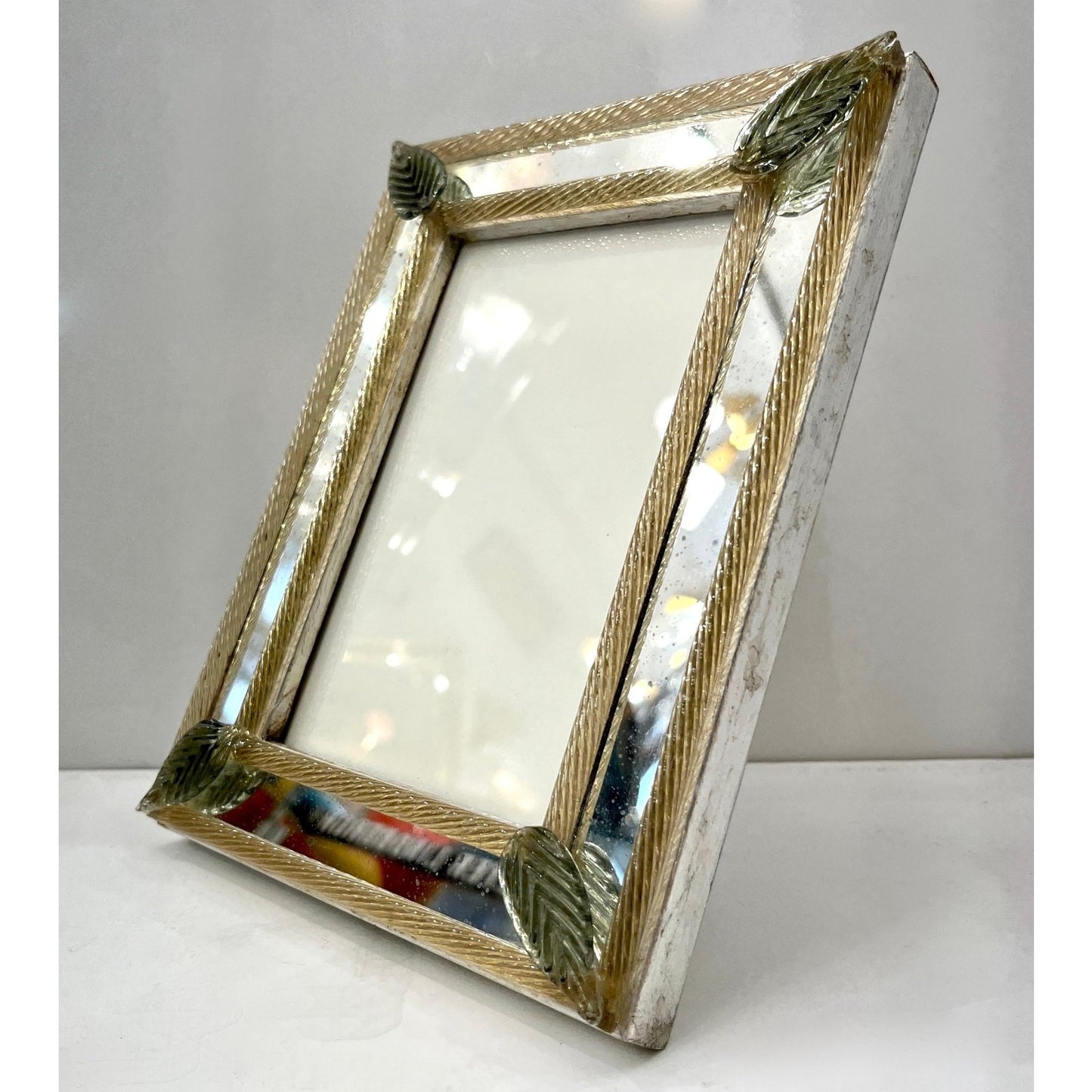 1960s Italian Vintage Mirror Photo Frame Green Leaves & Gold Murano Glass Decor