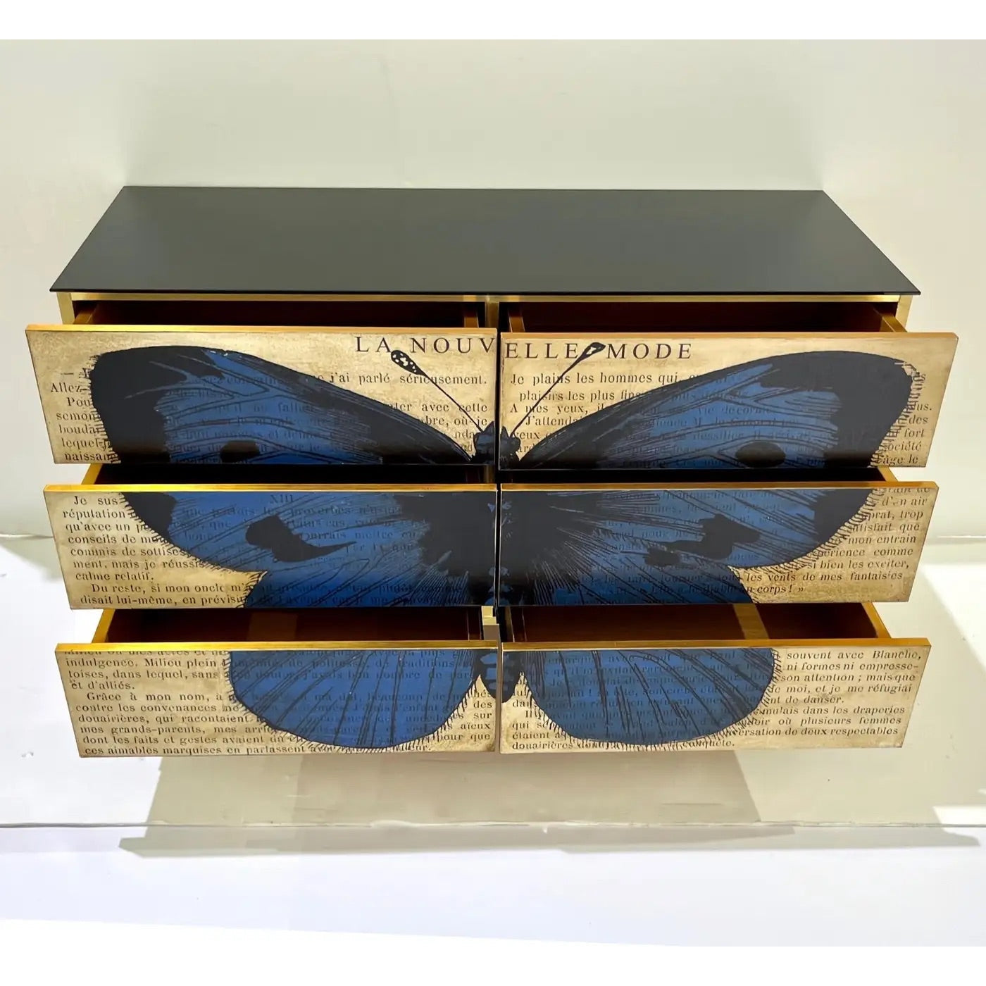 Custom Italian Printed Pop Art Black Blue Butterfly Lacquer Wood Chest/Sideboard