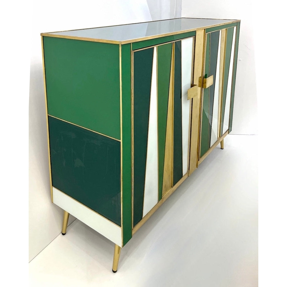 Vintage Italian Post Modern 2-Door Green White Brass Murano Glass Sideboard