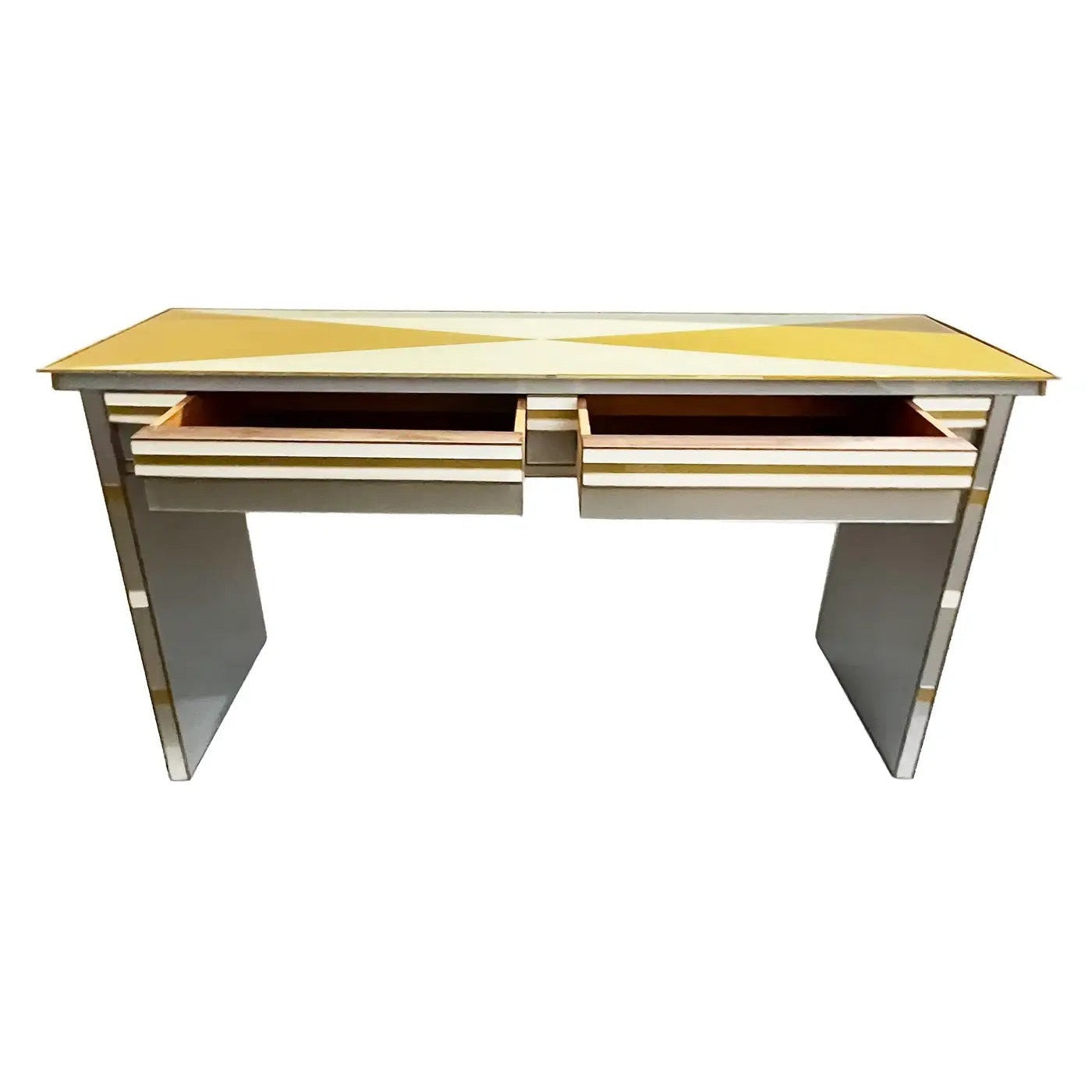 1970s Vintage Italian Art Deco Design Silver White Gold Glass 2-Drawer Console