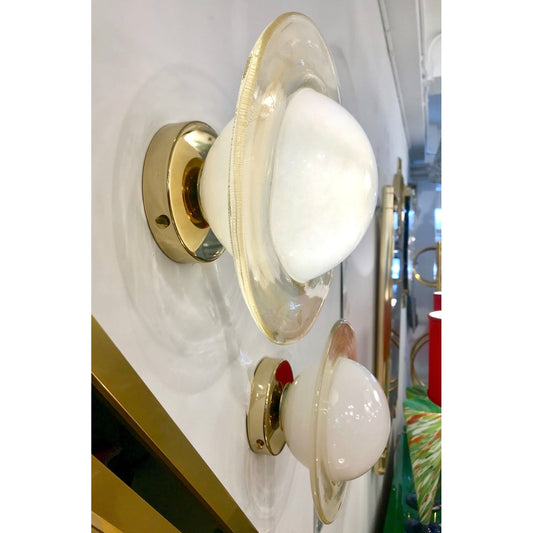 Italian Modern Cream Gold Murano Glass Brass Pair of Round Sconces