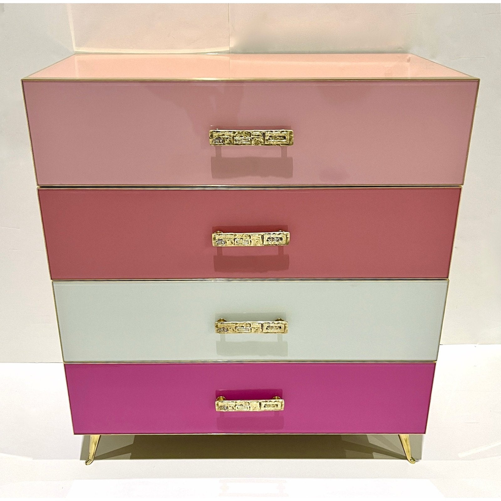 Bespoke Italian Post-Modern Pink Rose Blush White Glass 4-Drawer Semai Cosulich Interiors & Antiques Bespoke Italian Post-Modern Pink Rose Blush White Glass 4-Drawer Semai Cosulich Interiors & Antiques