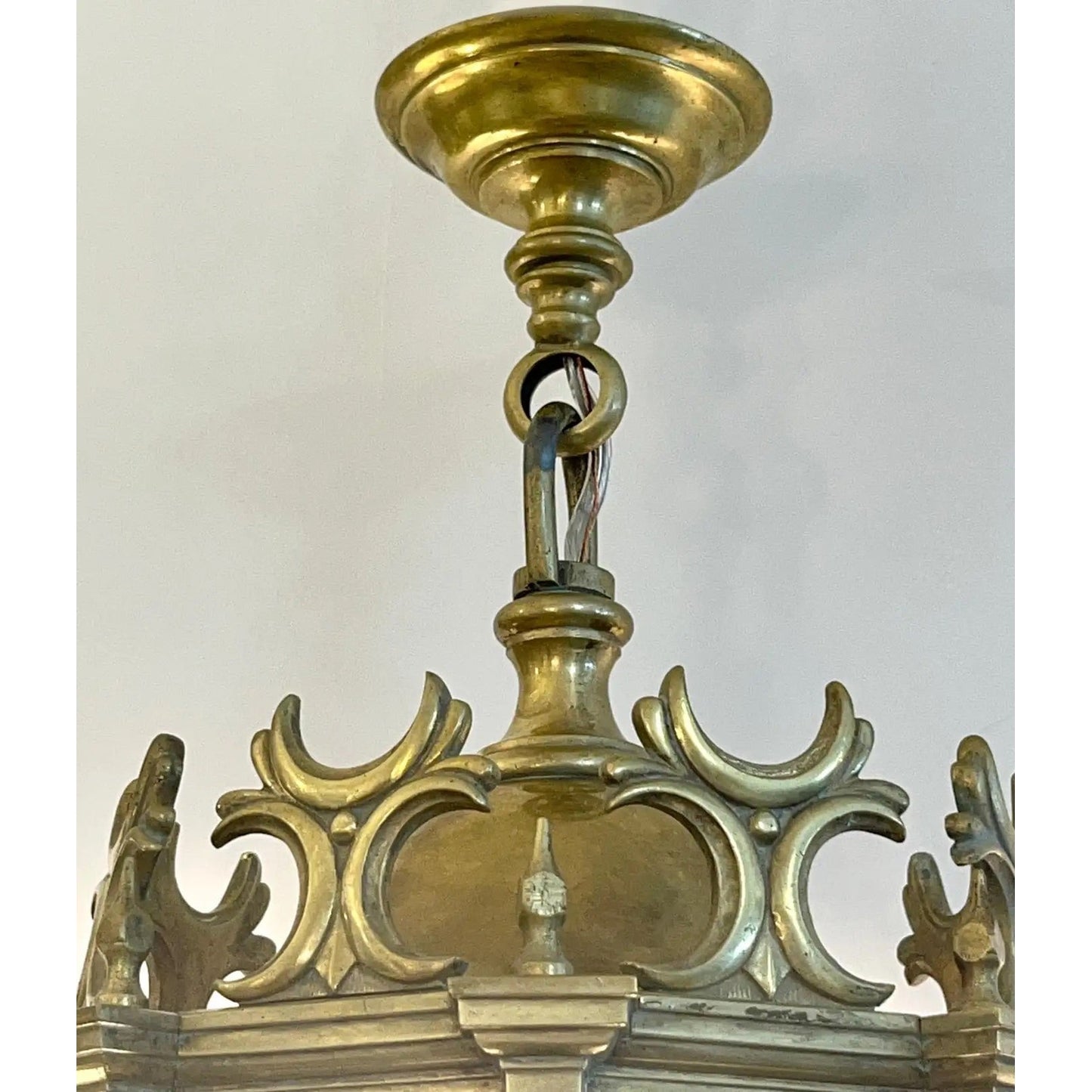 1860 French Antique Gothic Revival Cast Brass Pendant Lantern With Arch Windows