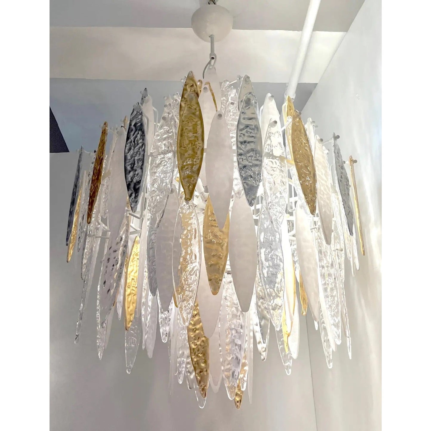 Modern Italian Silver Gold Frosted White Crystal Murano Glass Icicle Chandelier