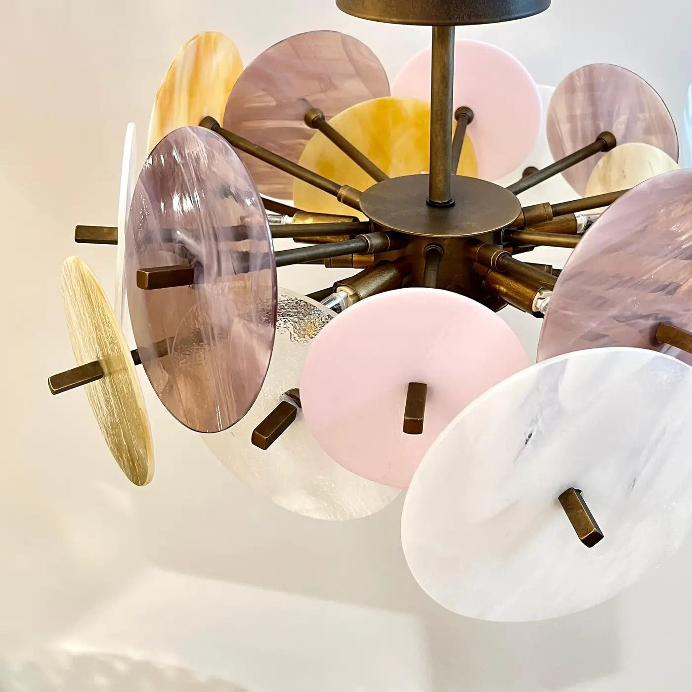 Italian Yellow White Pink Pastel Murano Glass Bronze Circular Sputnik Chandelier