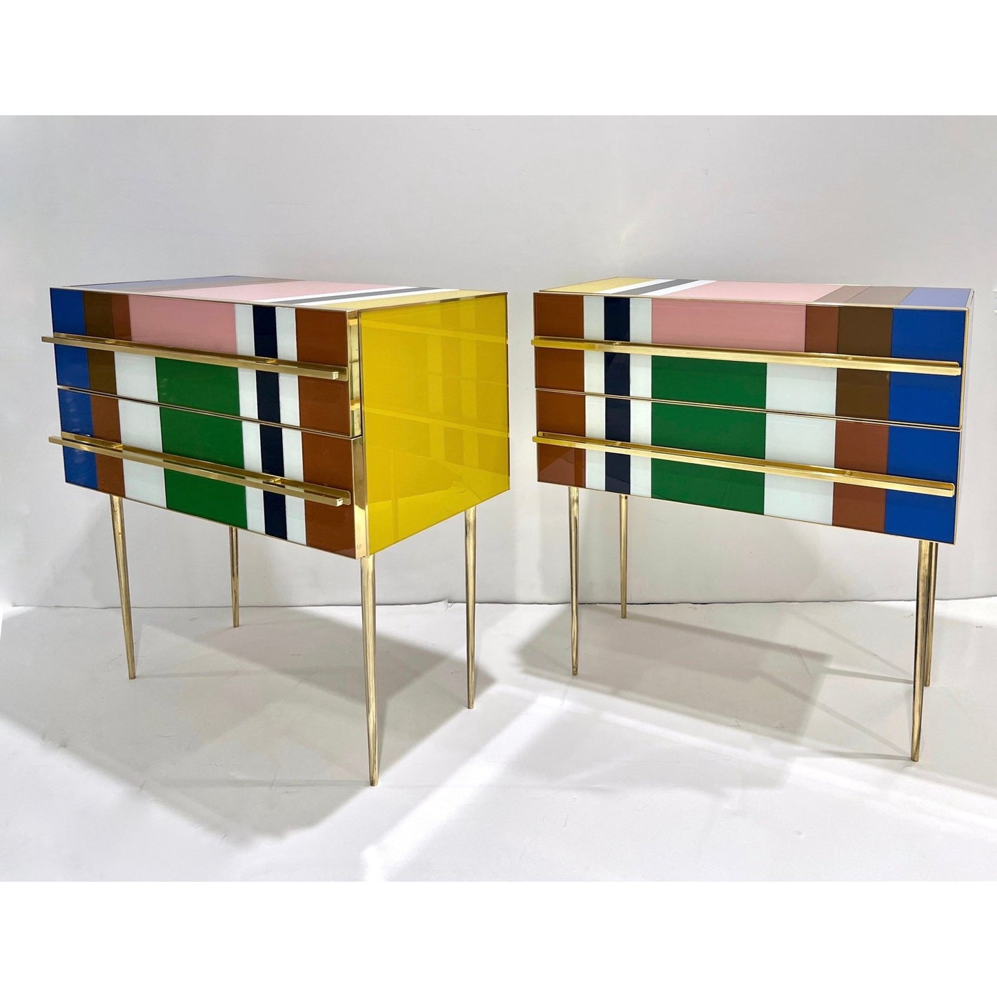 Bespoke Italian Pair of Mondrian Style Blue Green Yellow Chests / End Tables