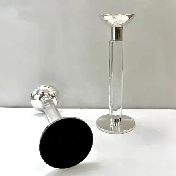 1970s Mid Century Modern French Pair of Crystal & Chrome Faceted Candle Holders