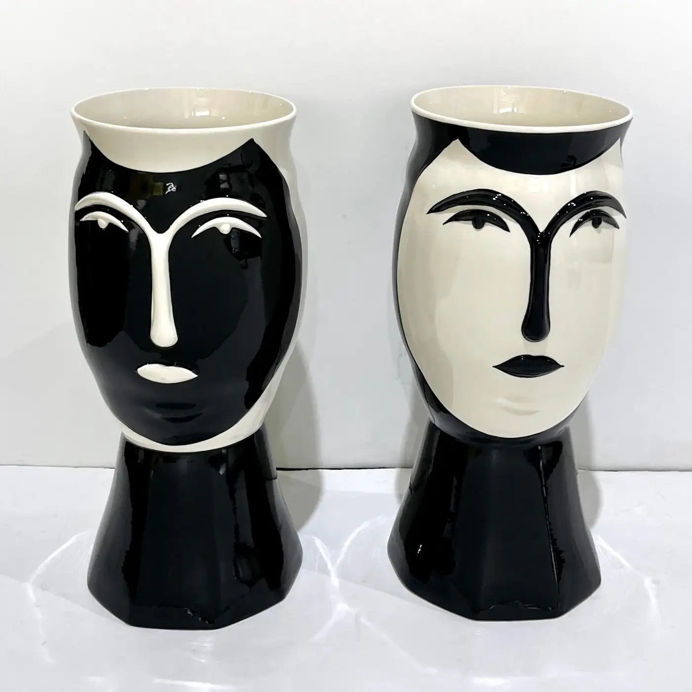 Vintage Italian Bassano Ceramic Pair of Black White Faces Bust Shape Large Vases