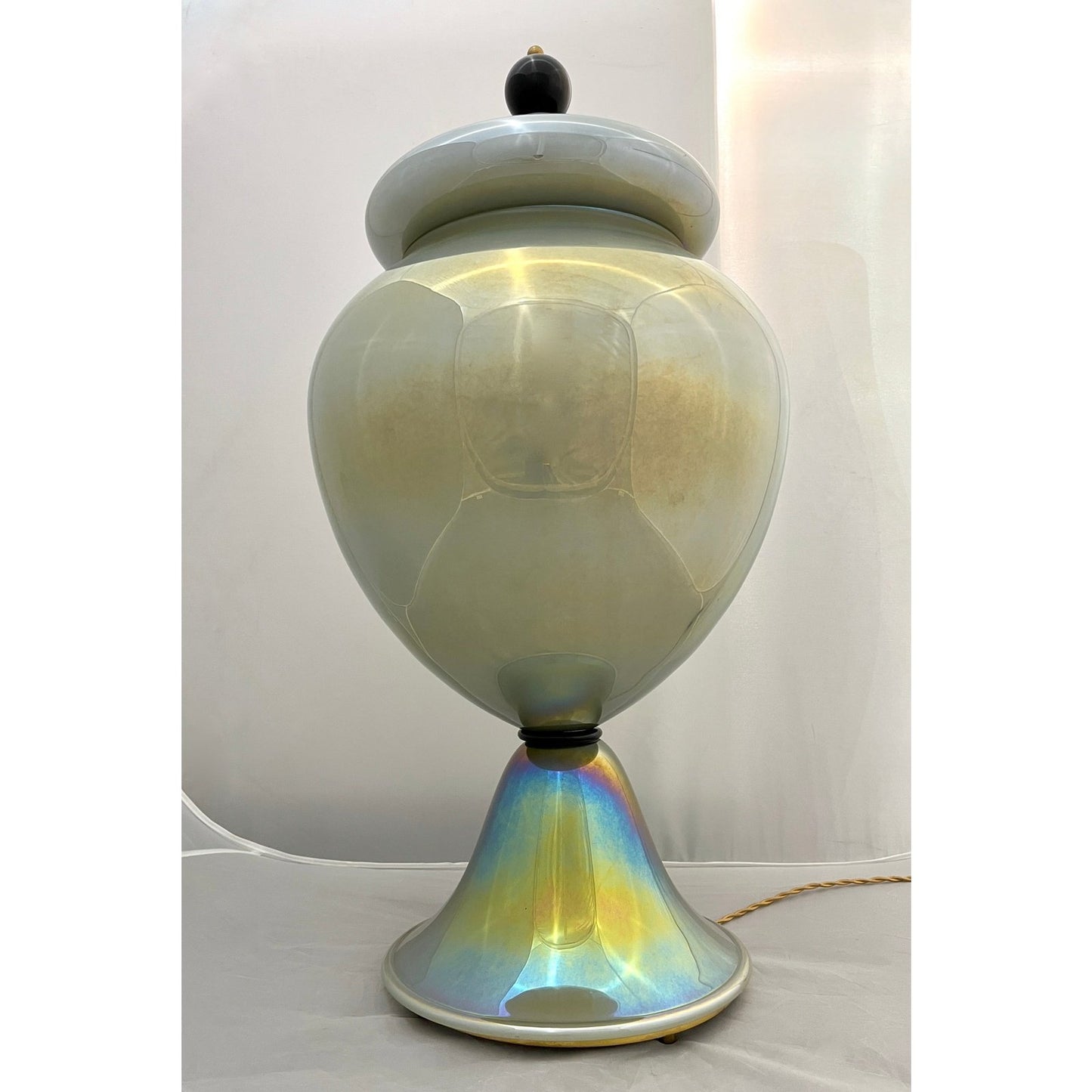 1990s Italian Pair of Tall Iridescent Glass Lamps / Urns Attributed to Seguso