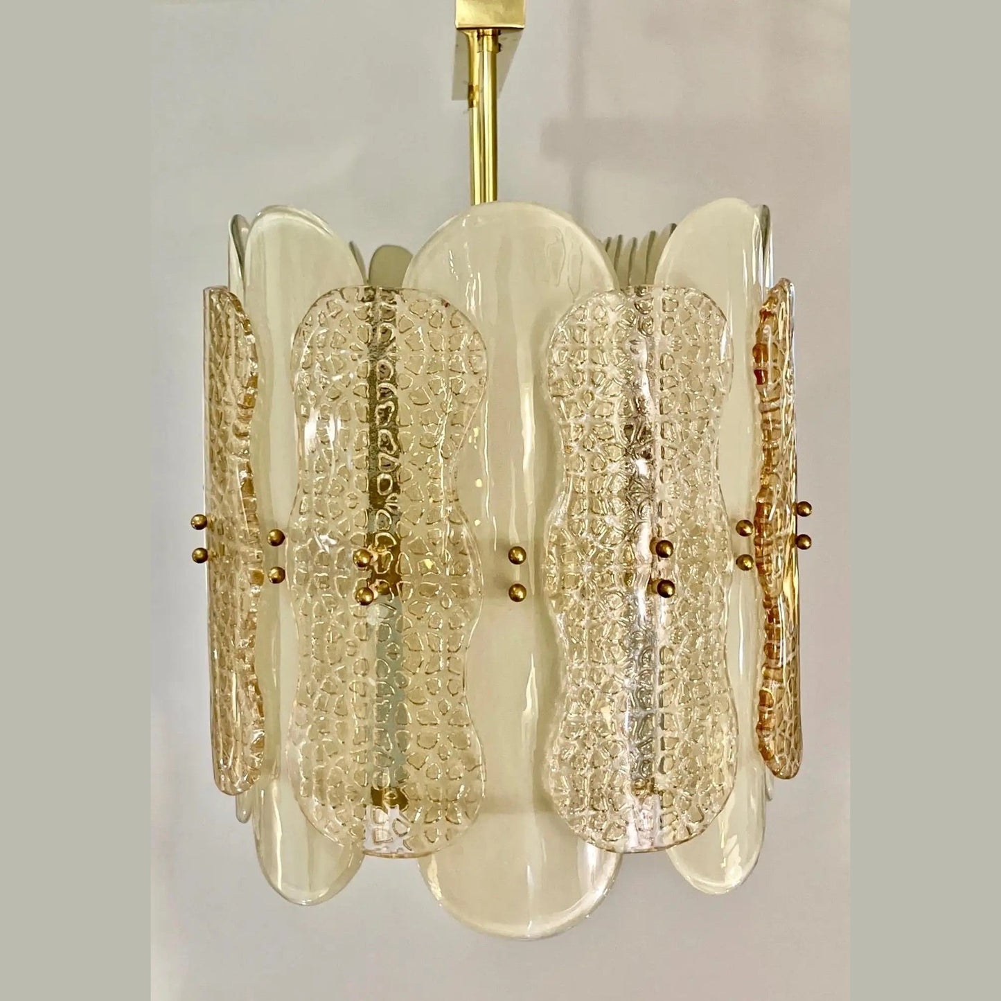 Italian Cream Ivory Crystal Gold Texture Murano Glass Oval Brass Chandelier