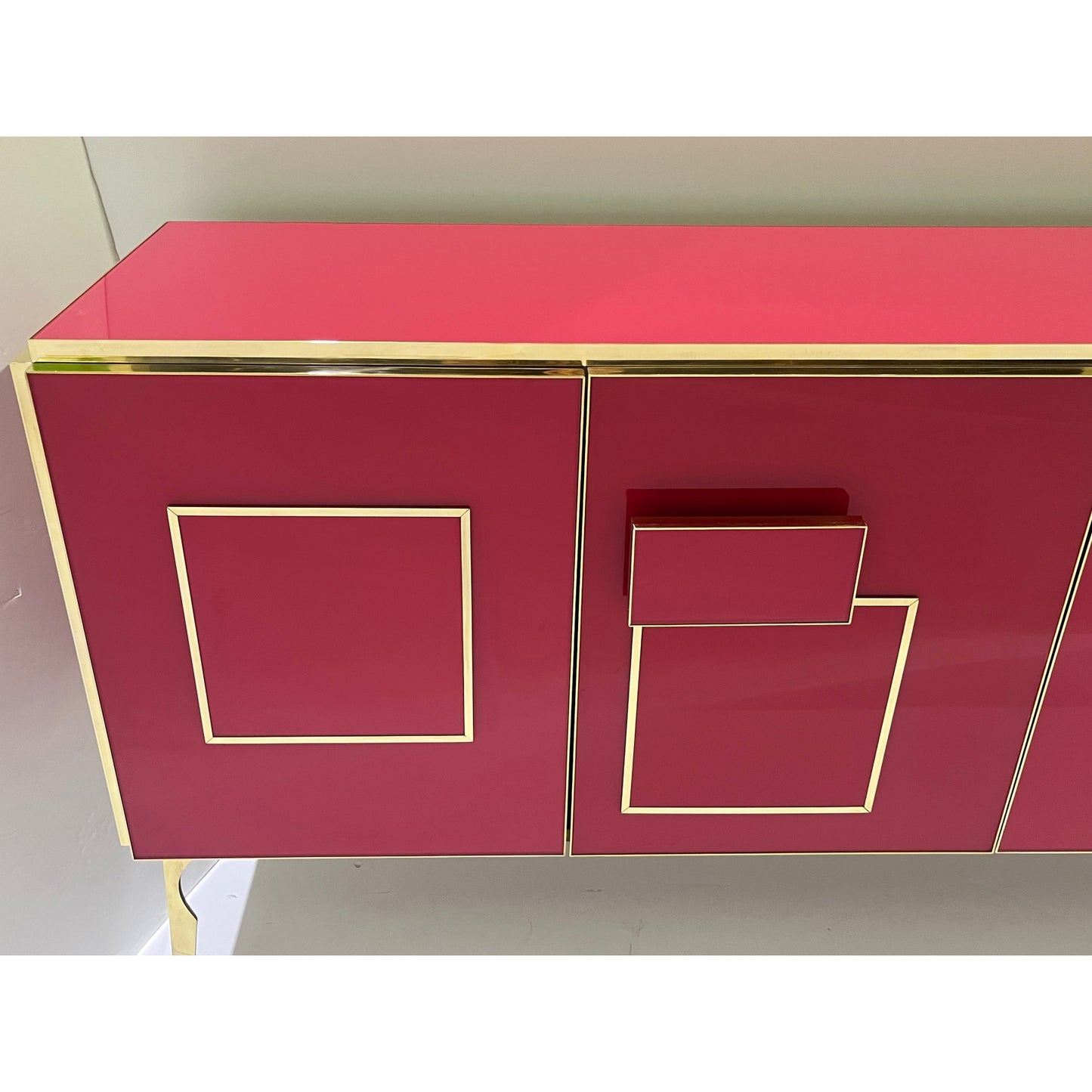 Modern Italian Pink Purple Glass Geometric Postmodern Brass Cabinet Sideboard