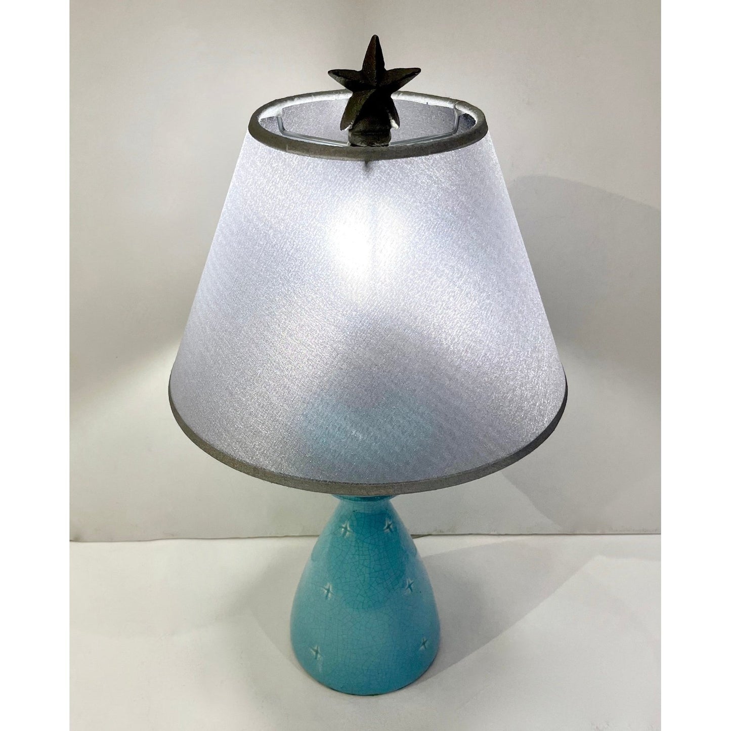 1960s French Pair of Aquamarine Blue Craquelure Glaze Ceramic Lamps with Stars