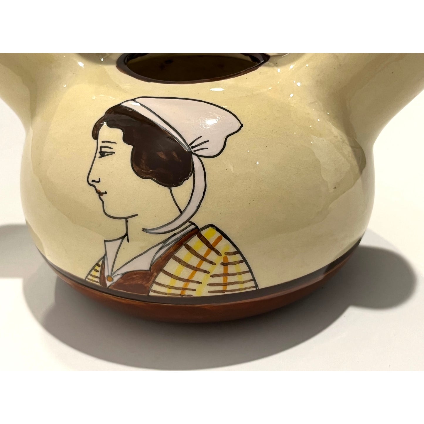 1930 French Henriot Quimper Faience Handle Dual Spout Yellow Pot Man Woman Decor