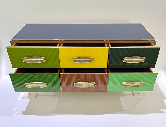 Bespoke Italian Green Yellow Brown Gray Blue Modern Brass 6-Drawer Dresser/Chest