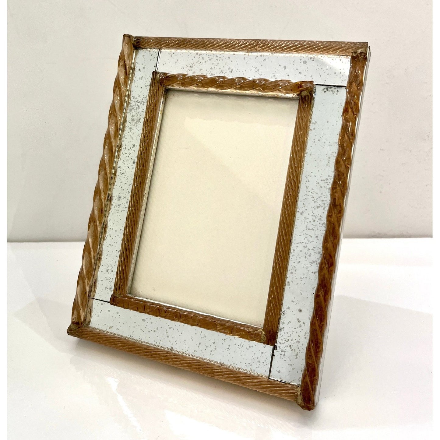 1960 Italian Vintage MIrror & Amber Twisted Murano Glass Silvered Photo Frame