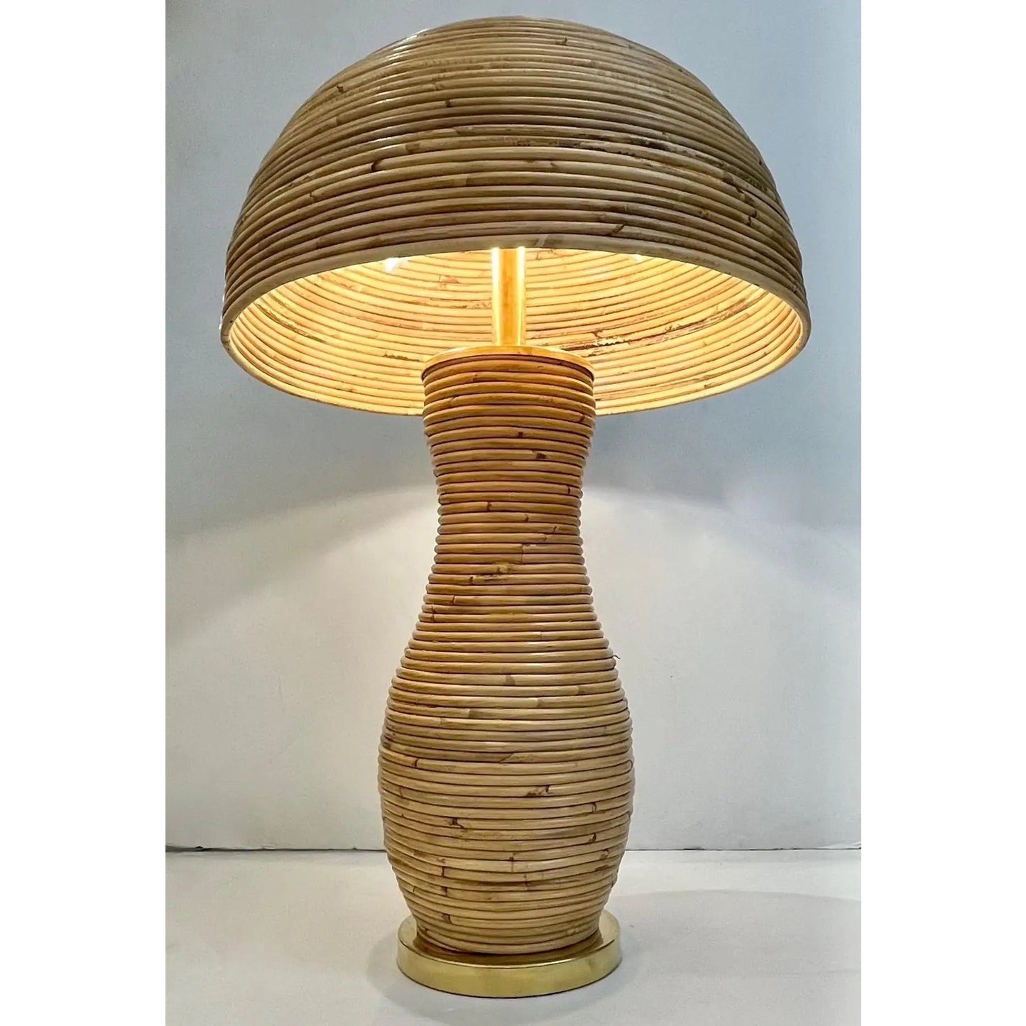 Italian Organic Modern Contemporary Brass Rattan Tall Mushroom Table/Floor Lamp