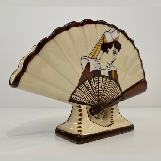 1930s French Signed Henriot Quimper Faience Yellow Fan Breton Man Woman Decor