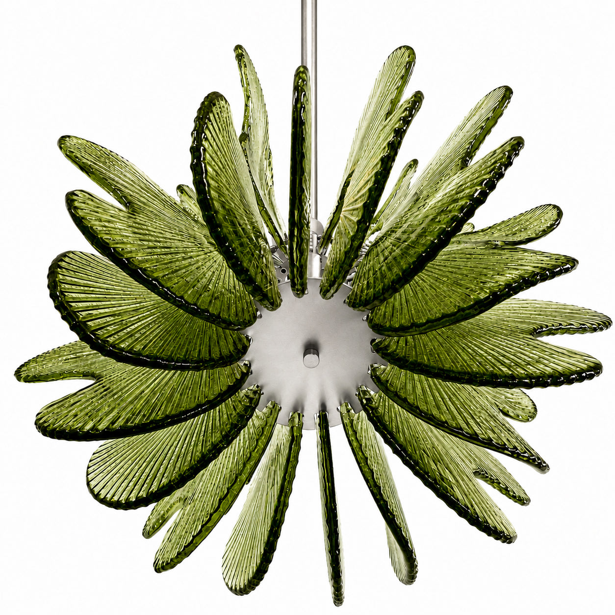 Modern Italian Wavy Olive Green Textured Murano Glass Satin Nickel Pendant/Chandelier