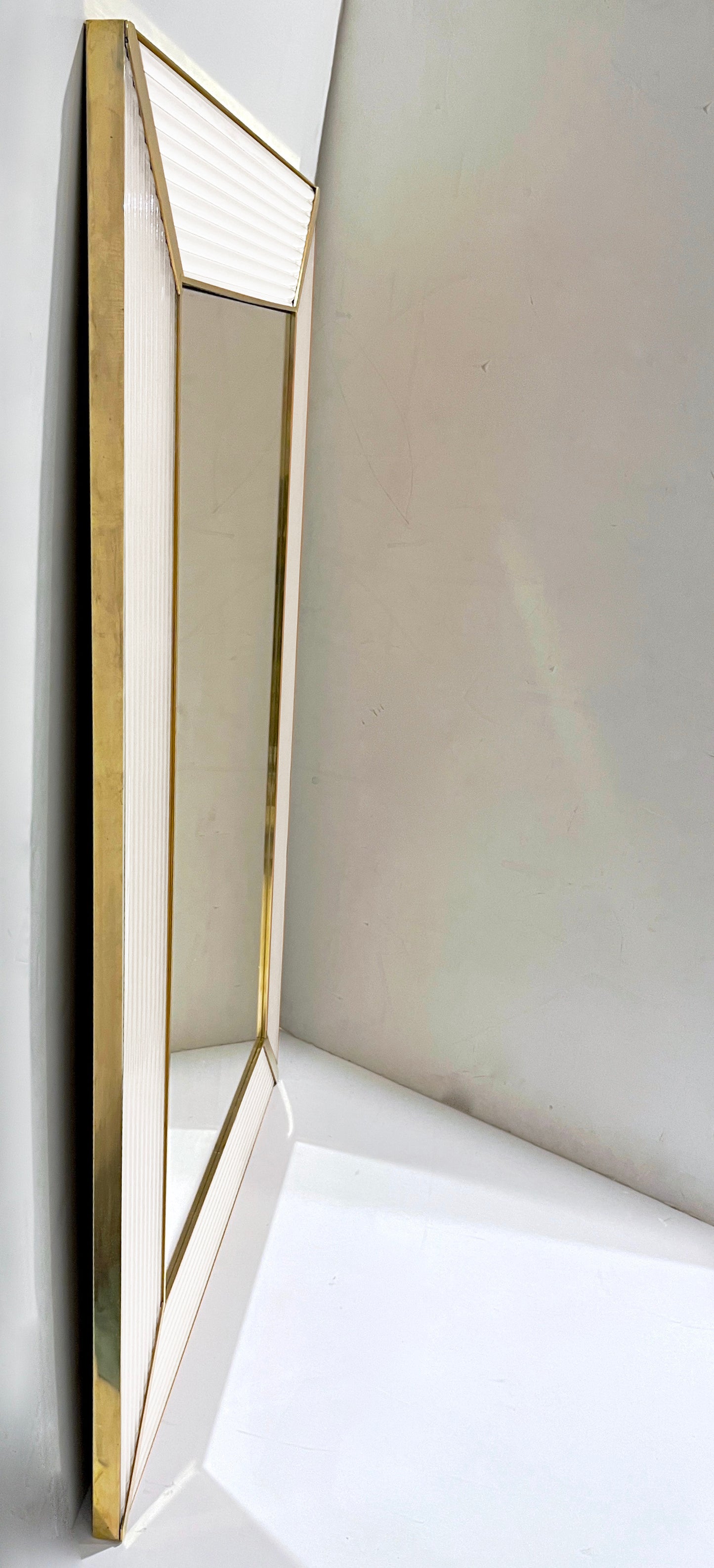 Bespoke Italian Art Deco Design Iridescent White Murano Glass Brass Mirror