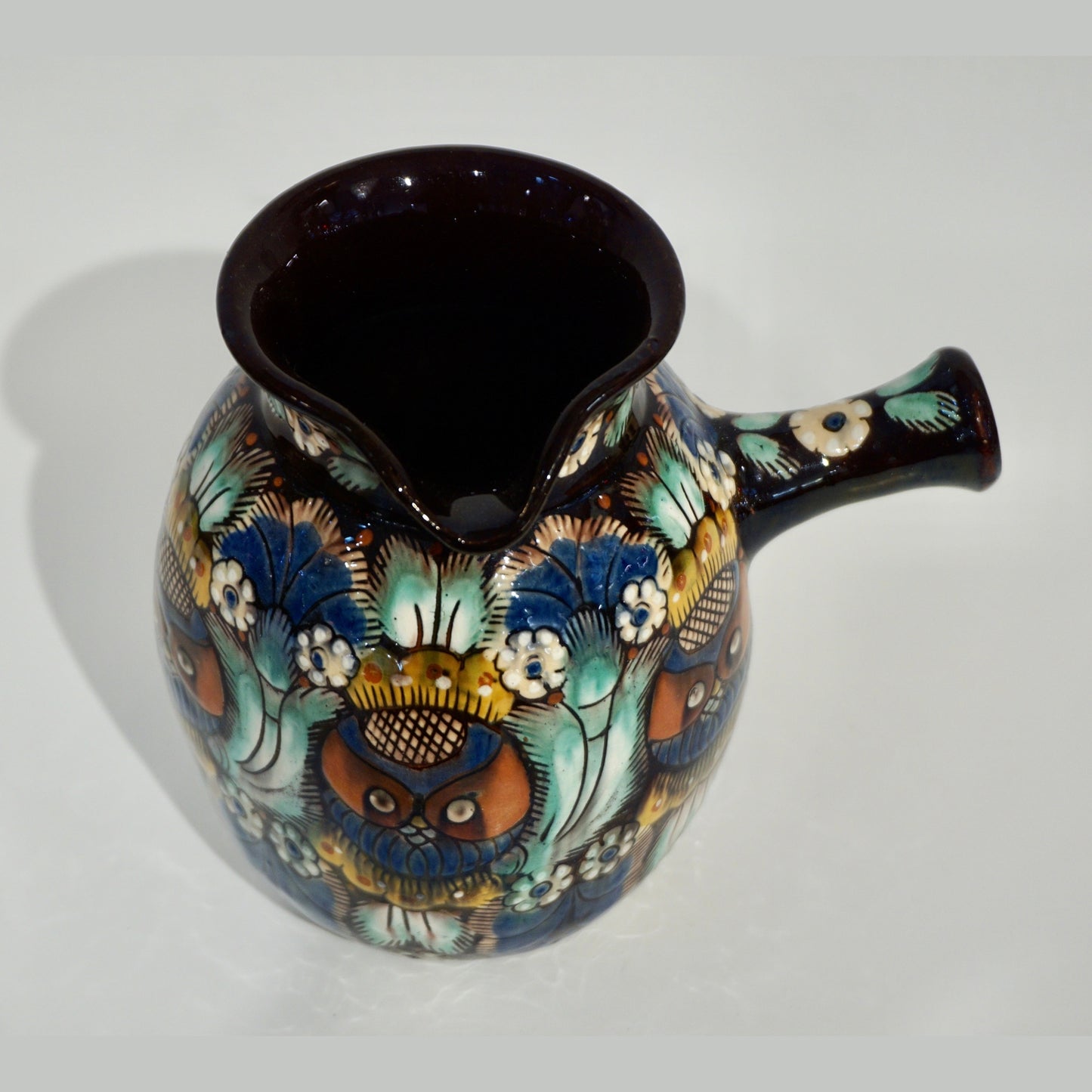 Antique Swiss Arts & Crafts Brown Green Blue White Thoune Enamel Ceramic Jug