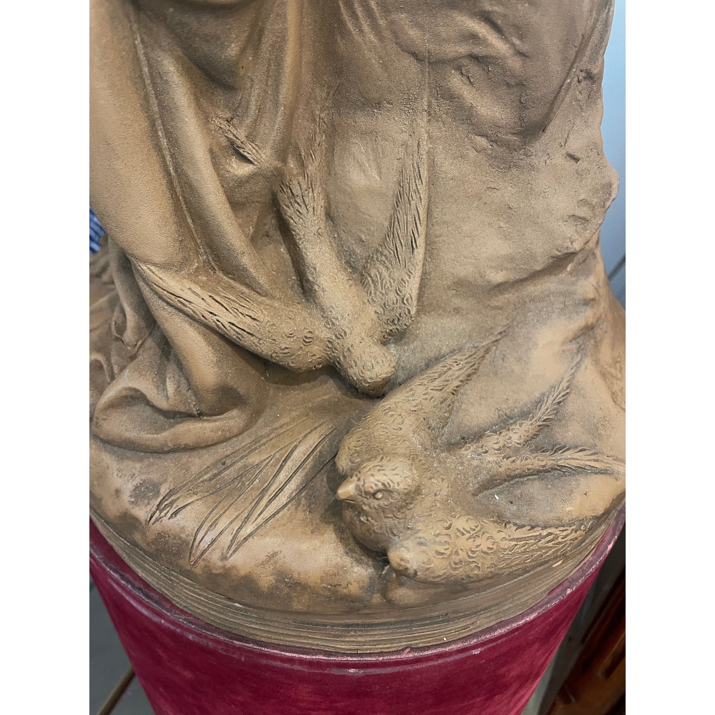 19th C French Antique Signed Taupe Terracotta Sculpture of Woman And Sparrows