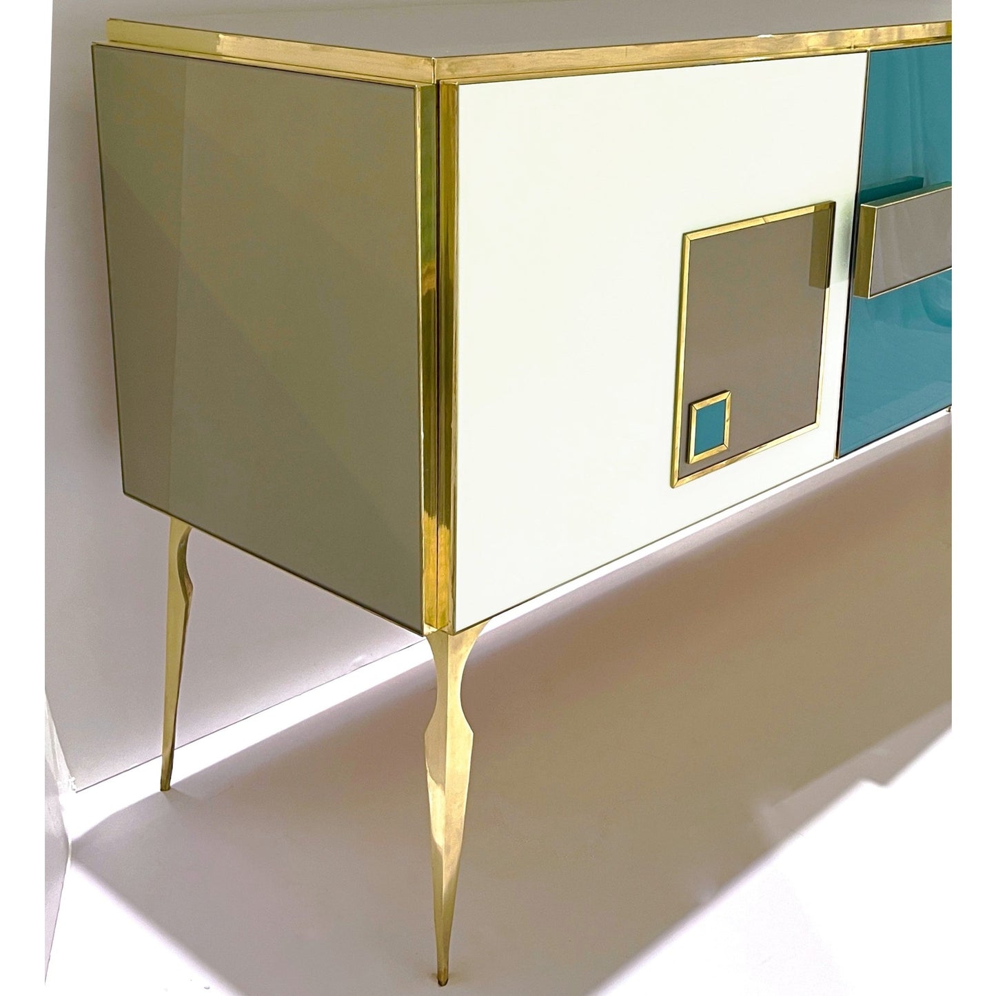 Modern Italian Ivory Gray Teal Blue Geometric Postmodern Brass Cabinet Sideboard