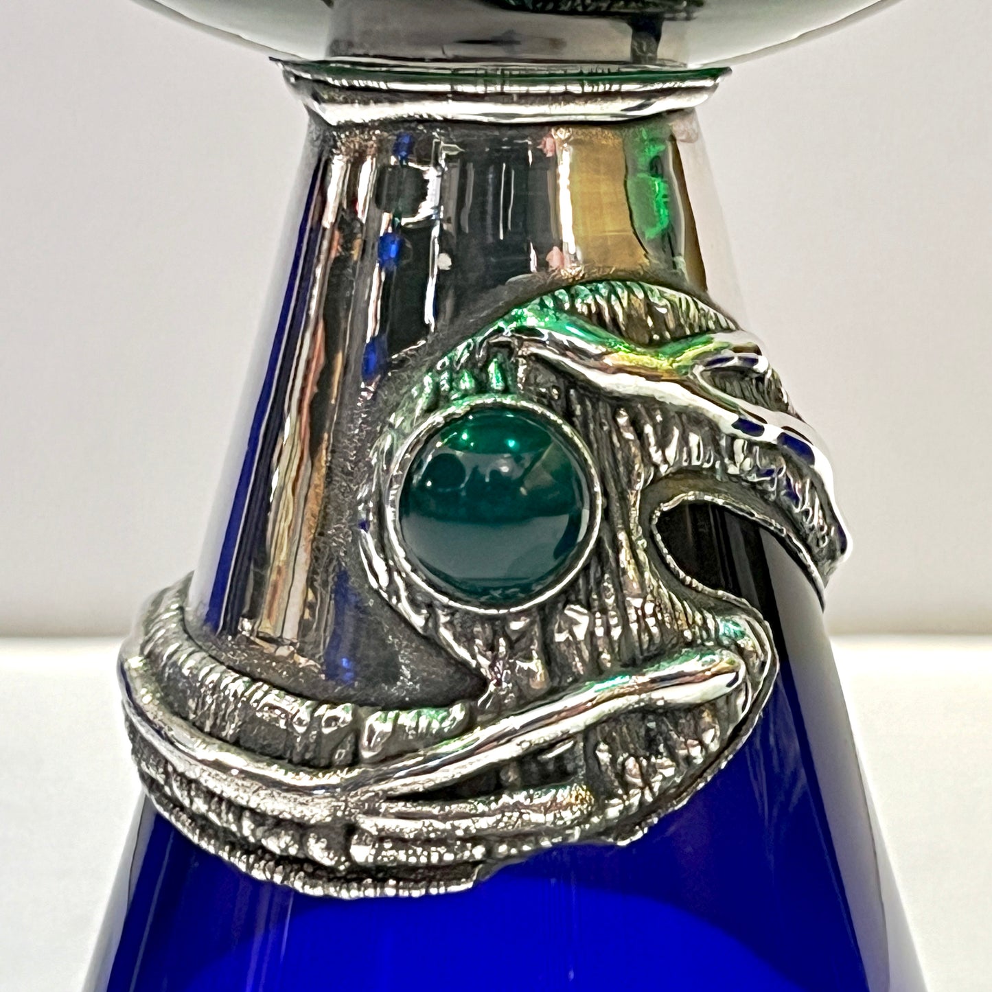 1980 Domar Israel Art Nouveau Style Green Cobalt Blue Glass Silver Vase Glasses