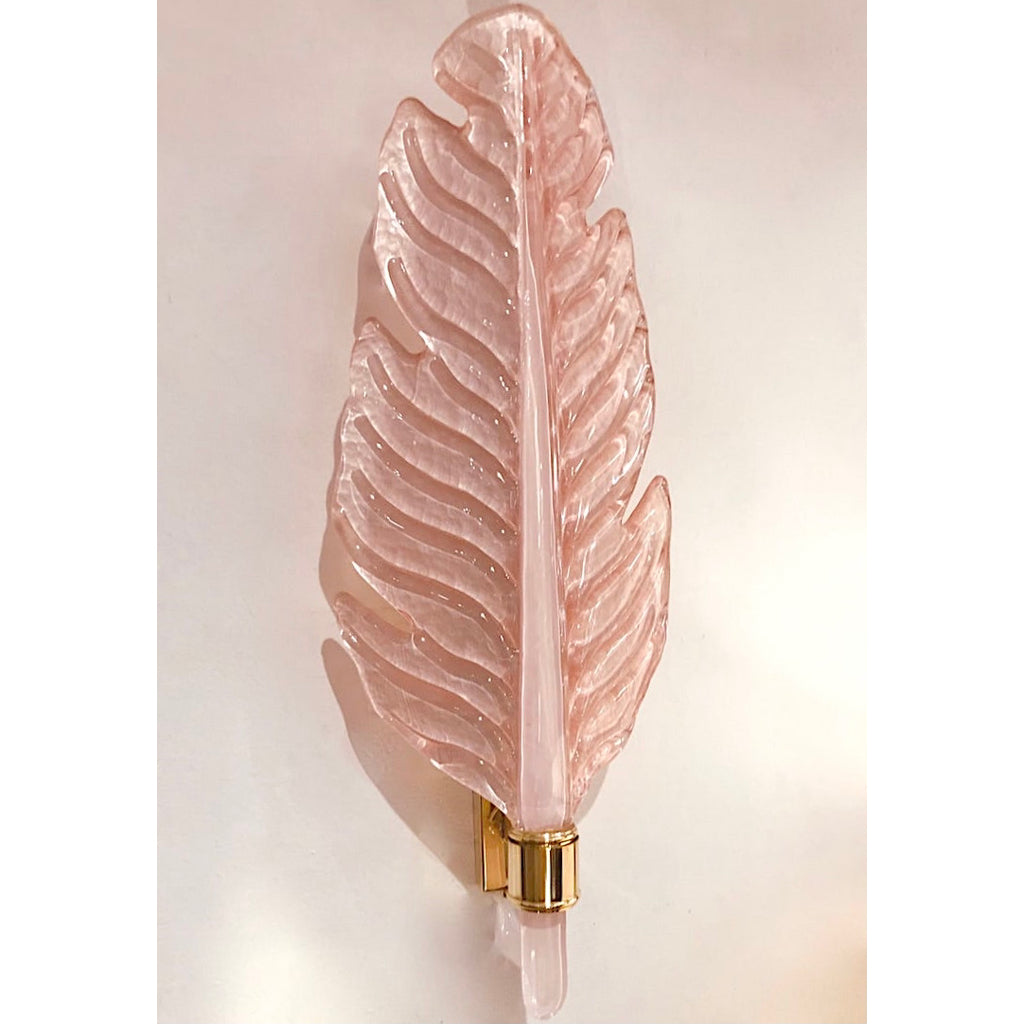 Contemporary Italian Art Deco Pink Murano Glass & Brass Feather Leaf Wall Light