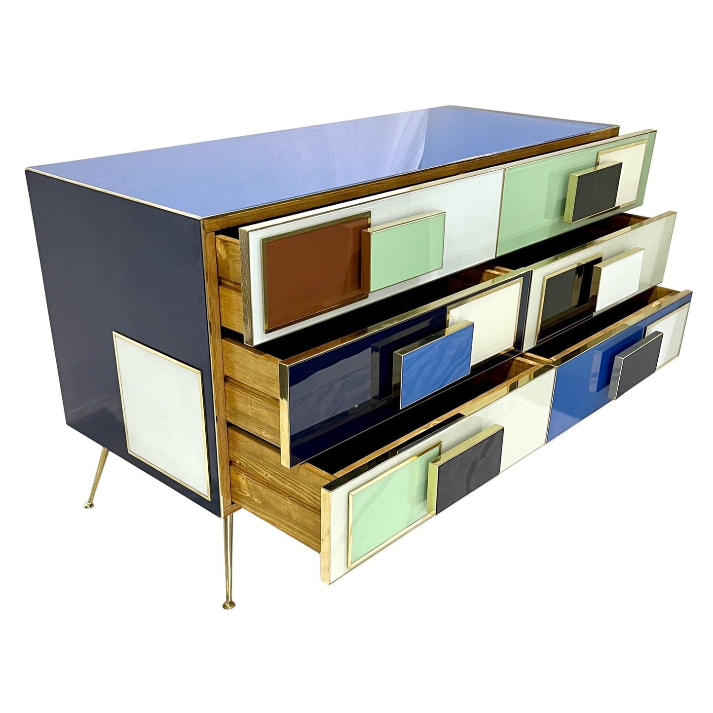 Bespoke Italian Mondrian Style Blue Green White Brown Modern Brass Dresser/Chest