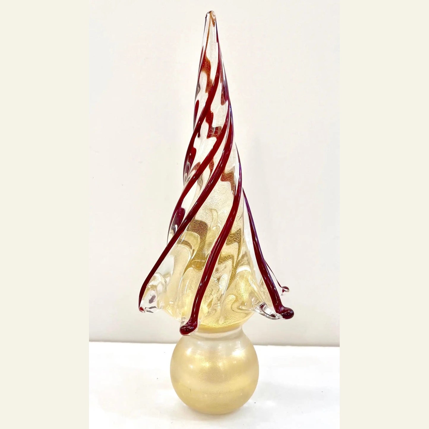 Signed 3 Italian Vintage Gold Amber Red Murano Glass Christmas Tree Sculptures