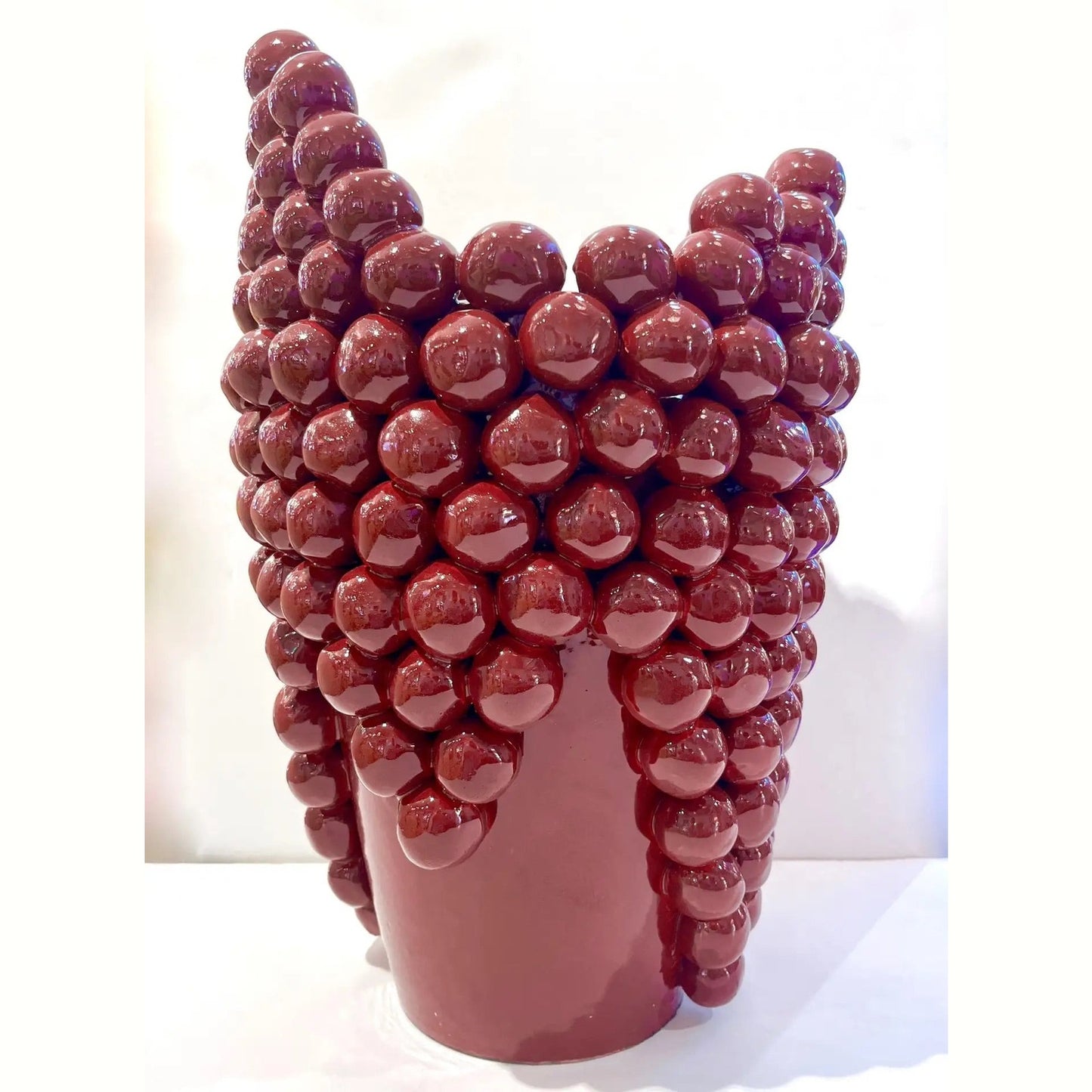 Post-Modern Italian Pair Sculptural Ceramic Dark Wine Vases with Grapevine Decor