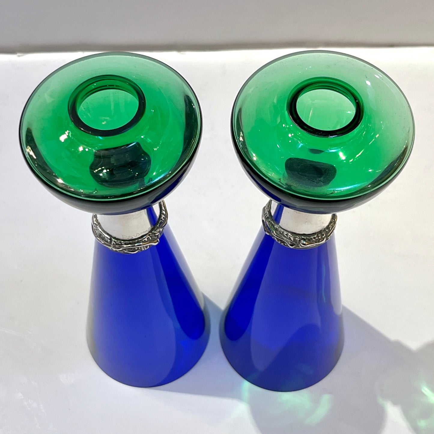 1980 Domar Israel Art Nouveau Style Green Cobalt Blue Glass Silver Candleholders