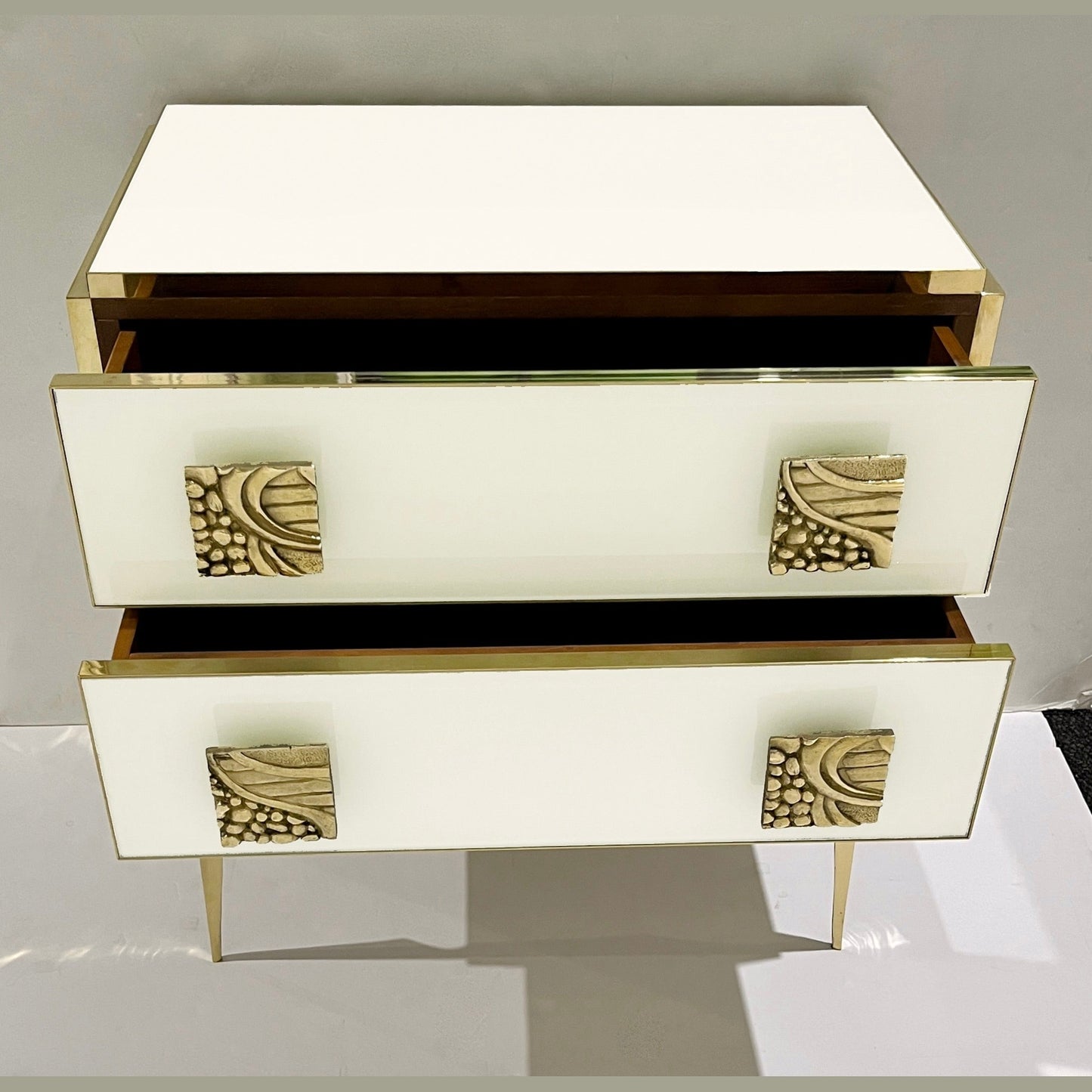 Italian Art Deco Design Modern Cream White Glass 2-Drawer Brass Nightstand/Chest